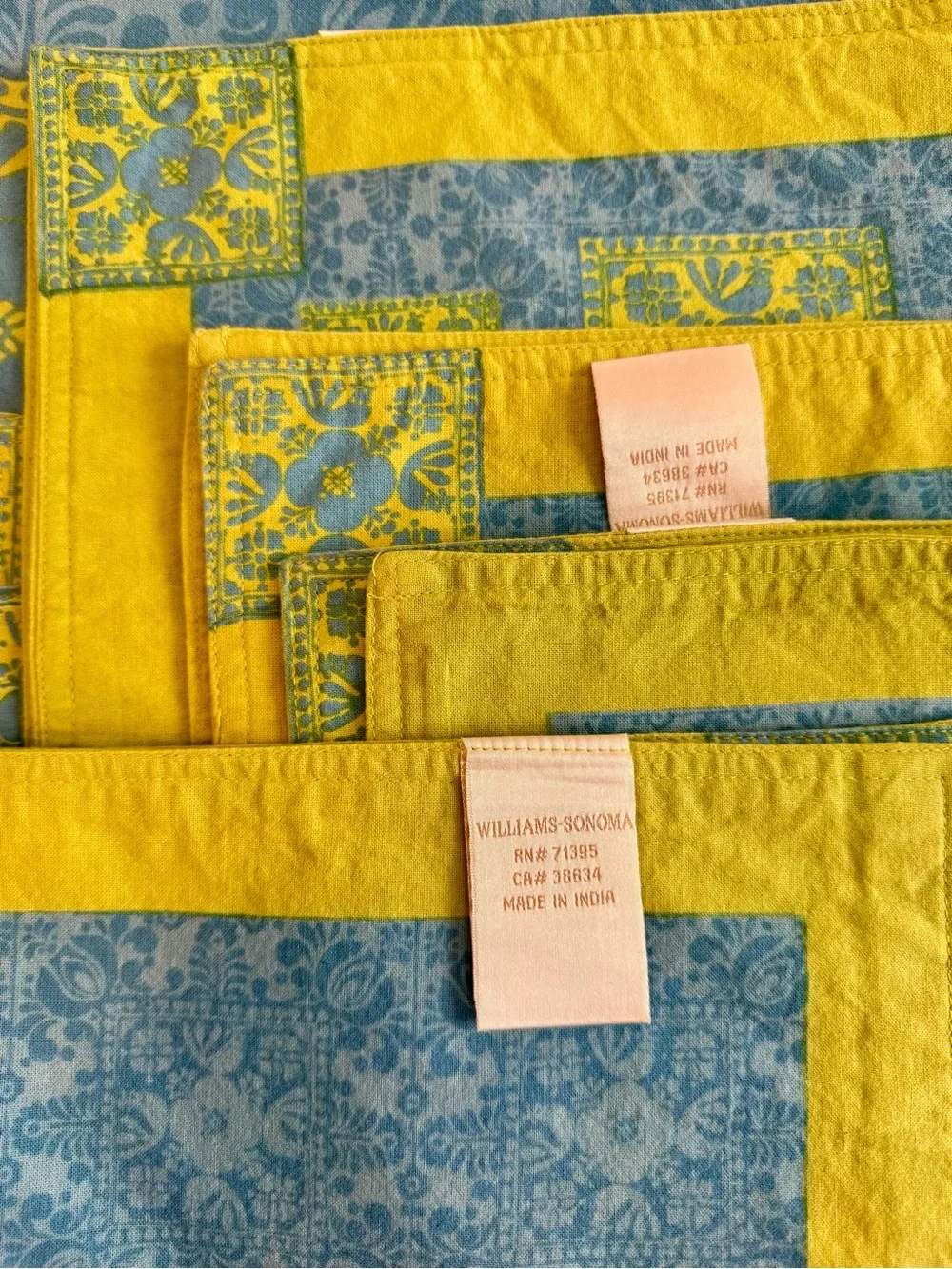 Williams Sonoma Yellow and Blue Floral Tile Tablecloth, placemats & napkins